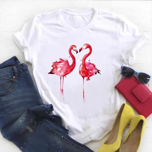 

flamingo watercolor beach cute print women kawaii summer tee clothes graphic, White