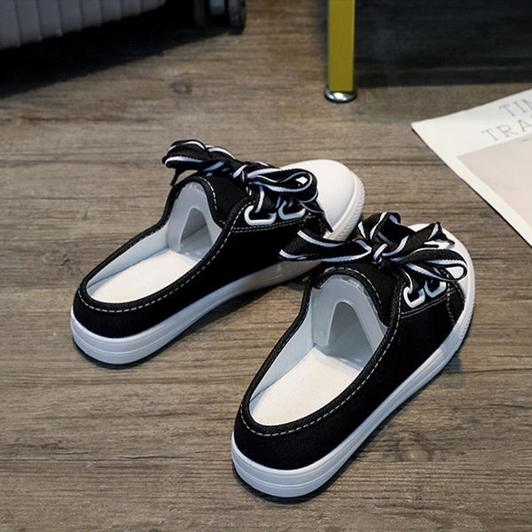 

small white shoes heelless lazy summer 2021 canvas female han edition joker half dragged a leather cloth slippers, Black