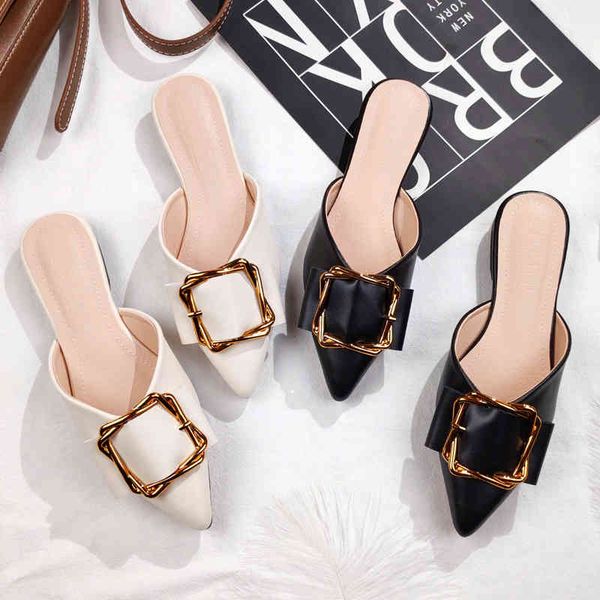 

slippers new faux leather women's pointed metal flats for spring and summer fashion trend designer slippers 9519, Black