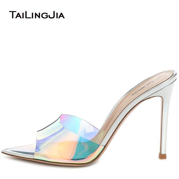 

styish holographic pvc sharp pointed toe high heels womens clear sandals transparent mules ladies heeled slippers party shoes, Black