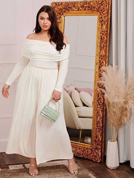 

plus off shoulder wide leg jumpsuit without belt 55ju#, Black