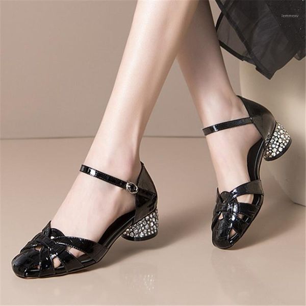 

retro rome women gladiator sandals full genuine leather cut out crystal studded chunky med heels shoes plus size 34-421, Black