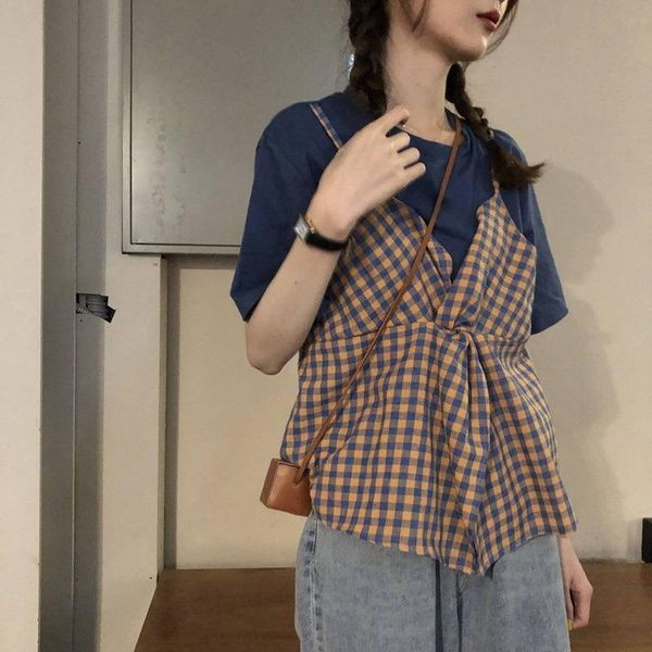 

(plus cotton) 2021 summer korean version of fake two-piece plaid short-sleeved t-shirt women's half sleeve, White