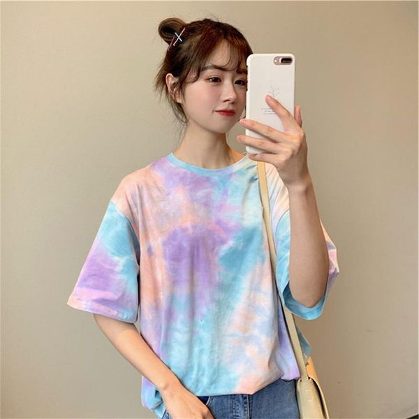 

women's t-shirt summer fashion tie dye harajuku tshirt women 2021 korean clothes plus size short sleeve kawaii t shirt woman camisetas, White