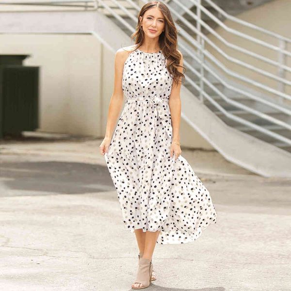 

new spring summer polka dot halter dress for women casual bandage slim sleeveless ladies beach style long dress 210413, Black;gray
