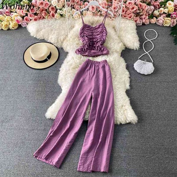 

two piece set women pleated crop slim wide leg pants korean summer suit femme foupas fashion 2 95072 210519, White