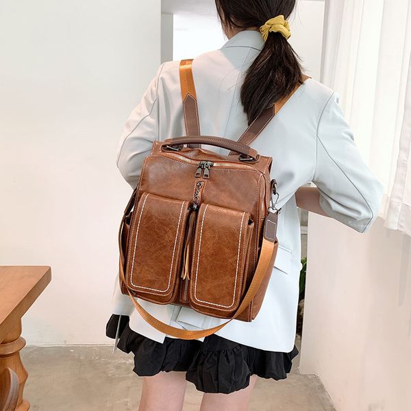 

hong kong style retro backpack 2021 new soft leather textured large-capacity backpack one-shoulder backpack travel bag fashion schoolbag