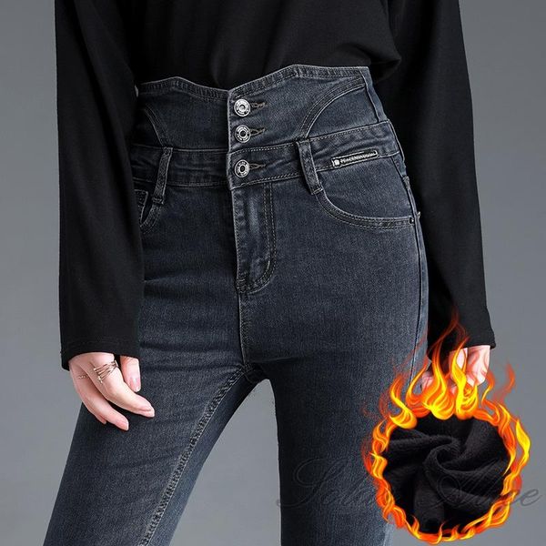 

women's winter high-waisted plus velvet padded feet jeans breasted slim casual trousers, Blue