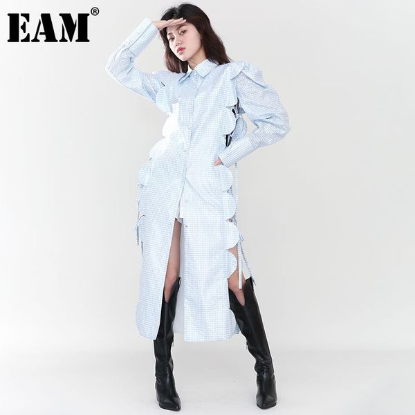 

[eam] women blue plaid bandage big size long blouse lapel long sleeve loose fit shirt fashion spring autumn 1dd500305 21512, White