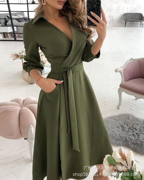 

casual dresses women dress solid color big skirt long belt sleeve lapel spring and autumn commuter lantern ankle, Black;gray