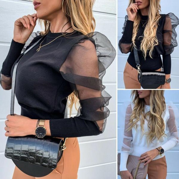 

women puff mesh sleeve pullover sweater blouse casual loose jumper women's blouses & shirts, White
