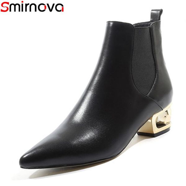 

boots smirnova 2021 arrival genuine leather thick heels pointed toe slip on ankle for women solid causal shoes, Black