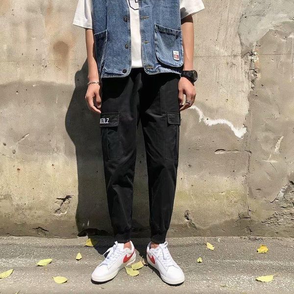 

men's pants pocket men cool hiphop fashion joggers trousers belt streetwear, Black