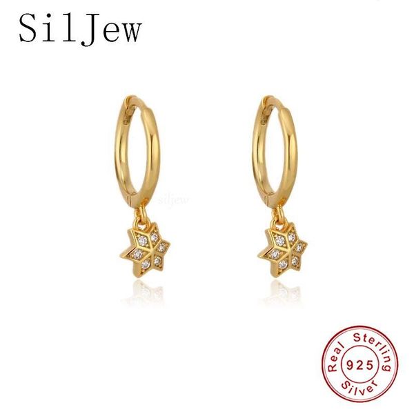 

hoop & huggie siljew 925 sterling silver earring cubic zirconia star drop temperament pretty wild female girl ear jewelry gift, Golden;silver