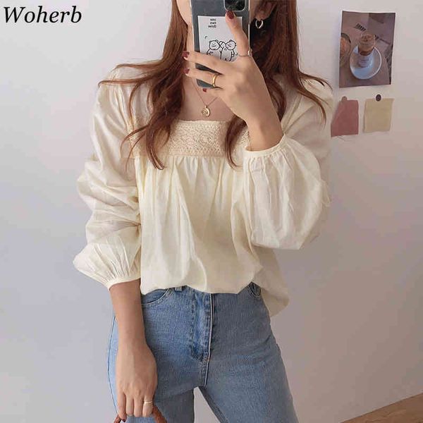 

blusas mujer de moda square collar lace women shirt loose lantern sleeve blouses korean chic blouse female 210417, White