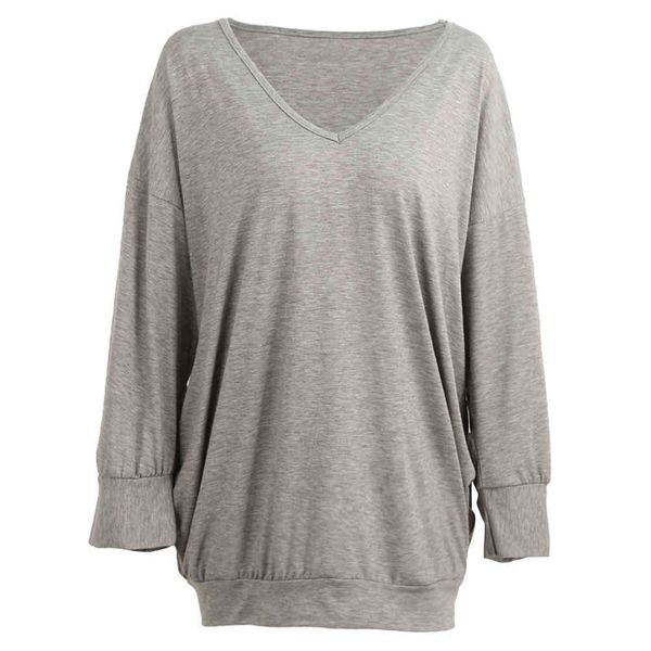 

fashion women 4xl 5xl plus size t-shirt deep v neck sleeve t shirt female faux pocket design solid loose long casual, White