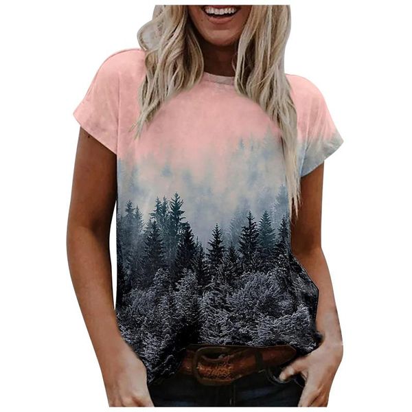 

women's t-shirt 40# summer casual landscape print loose short-sleeved leisure shirts elegant, White