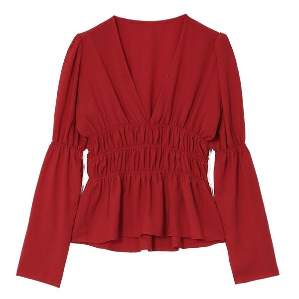 

women red chiffon deep v neck full sleeve solid high street blouse long korean fall b0189 210514, White