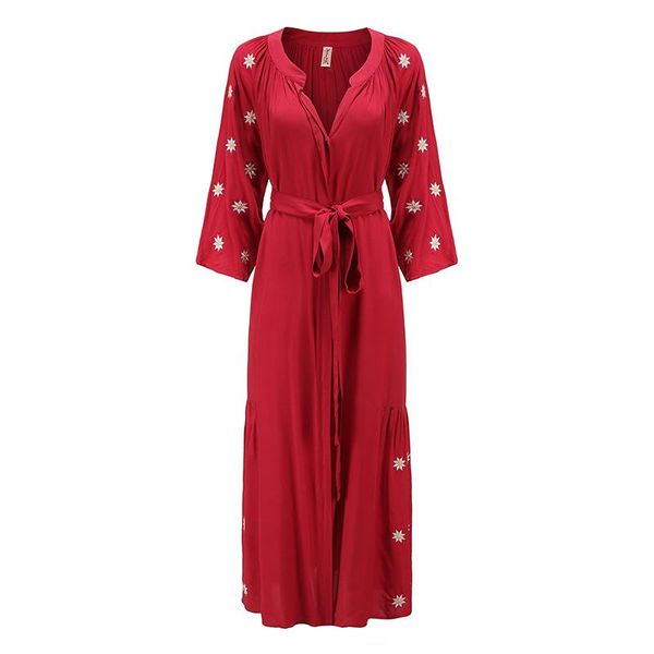

casual dresses 2021 real s exquisite high-quality red belted dress with embroidered flowers, Black;gray