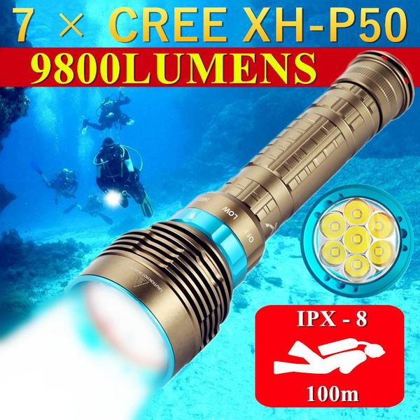

flashlights torches 7*cree xh-p50 ultra bright submarine dive fill lighs underwater 100m scuba 7led diving ipx-8 waterproof hunti