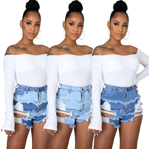 

women's jeans 2021 summer stitching ripped super shorts large size s-3xl casual female y2k bohemian mid-waist, Blue