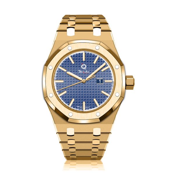 

men's automatic mechanical watch requin oo15202 gold stainless steel case royal blue three hands calendar dial folding clasp oak, Slivery;brown