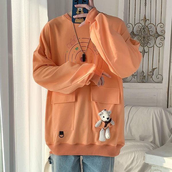 

men's hoodies & sweatshirts 2021 men's round neck pattern printing pocket coats loose casual long sleeve pullover with bear, Black