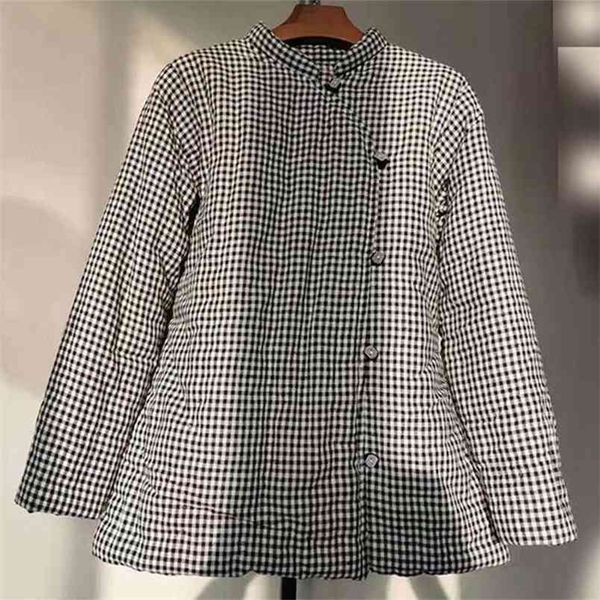 

winter arts style women long sleeve thicken warm coats single breasted slim plaid handmade cotton padded femme jackets v191 210512, Black