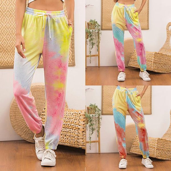 

women's tie-dye print straight pants high waist elastic drawstring casual sports fitness trousers ladies wild daily wear & capris, Black;white