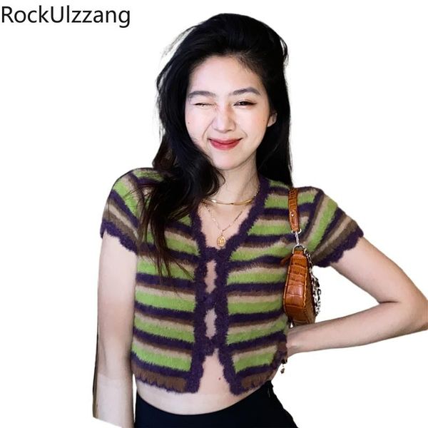 

short sleeve v neck bandage button hollow striped knit cute t-shirt t shirt women crop summer korean aesthetic cropped women's, White