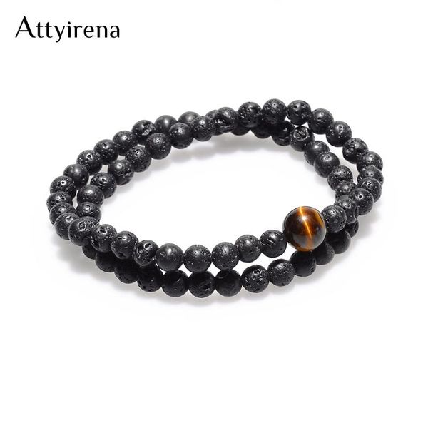 

charm bracelets double layer 6mm black volcani bracelet tiger eye stone elastic rope charms men jewelry pulseira masculina, Golden;silver