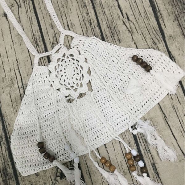 

swimsuit women's hand hook milk silk tassel large size knitted breast wrap, White;black
