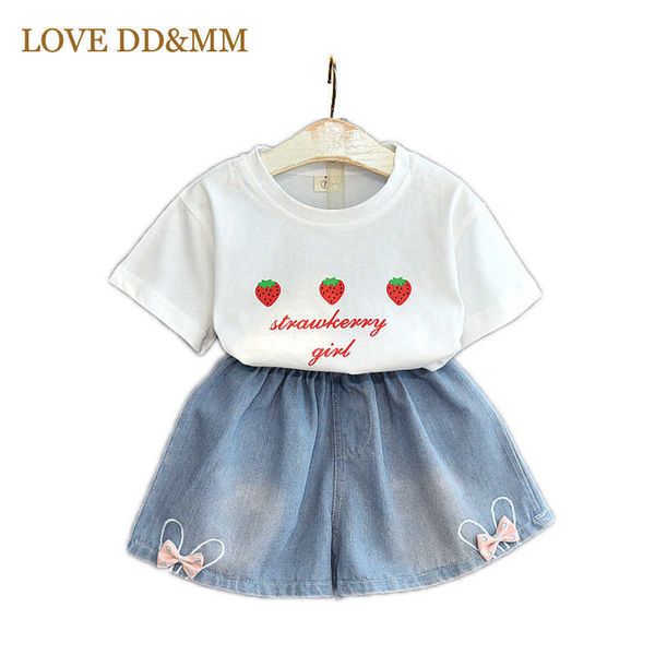 Love DDMM Girls Roupas Define Moda Infantil Imprimir Mangas Curtas + Denim Shorts 2 Pcs Roupas Set para Girl Kids Trajes 210715