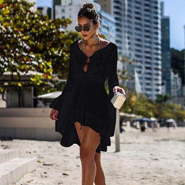 

women's swimwear 2021 crochet beach skirt bohemian blouse beachwear mesh tunic ladies, White;black