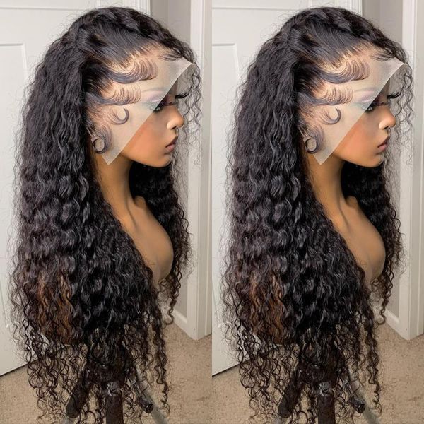 

lace wigs luvin 28 30 inch water curly deep wave 13x6 hd front human hair wig 180 density t part frontal for black women, Black;brown