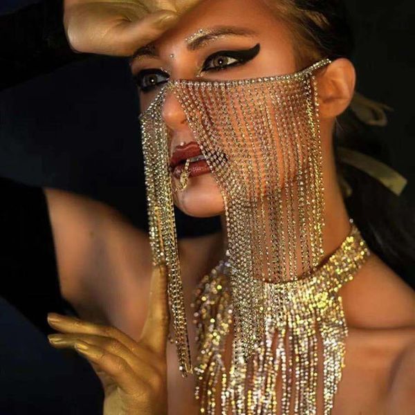 Moda di lusso brillante strass di cristallo nappa frontale canzone e accessori per maschera da ballo gioielli di Halloween