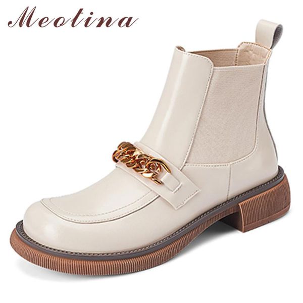 

boots meotina genuine leather ankle shoes women platform thick heel chain round toe med ladies autumn winter 40, Black
