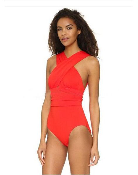 

two-piece suits women bathing solid beach wear swim backless suit 2021 black red cross halter swimwear one piece swimsuit c2026