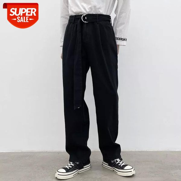 

2020 solid color belt decoration men's loose baggy cargo pocket jeans straight casual pants biker denim streetwear trousers #vn1v, Blue