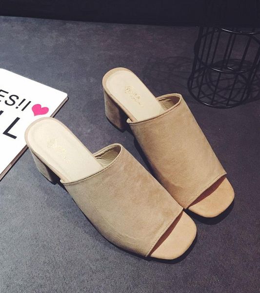 

fashion peep toe chunky thick heel flock mules slippers women's summer casual comfortable style shoes 3557, Black