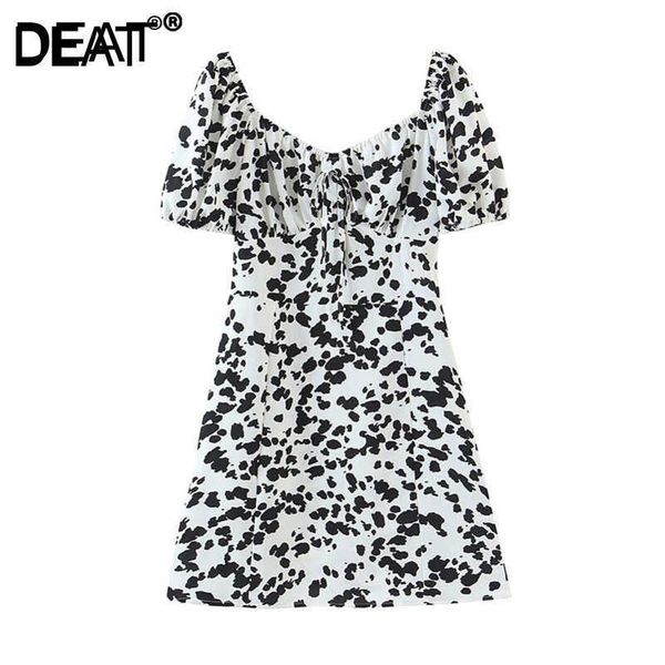 

[deat] temperament women loose short sleeve high waist square collar printing mini dress fashion summer 13c281 210709, Black;gray