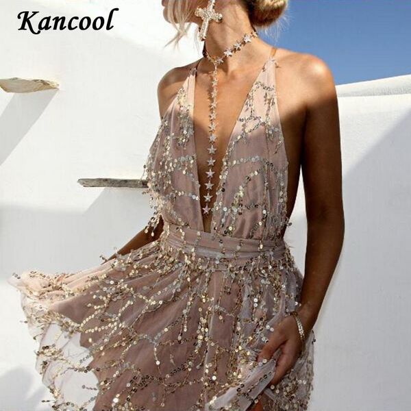 

casual dresses kancool sequin backless bandage summer dress bodycon women nightclub party mini deep v neck, Black;gray