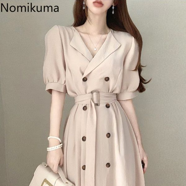 

nomikuma elegant double breasted women dress sashes slim waist v-neck dresses short sleeve spring summer vestidos 6f963 210427, Black;gray