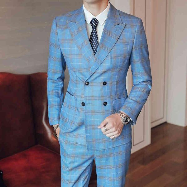 

men's suits & blazers trajes de vestir para hombres 2021 double breasted blue lattice dress mens with pants club terno 3-piece set, White;black