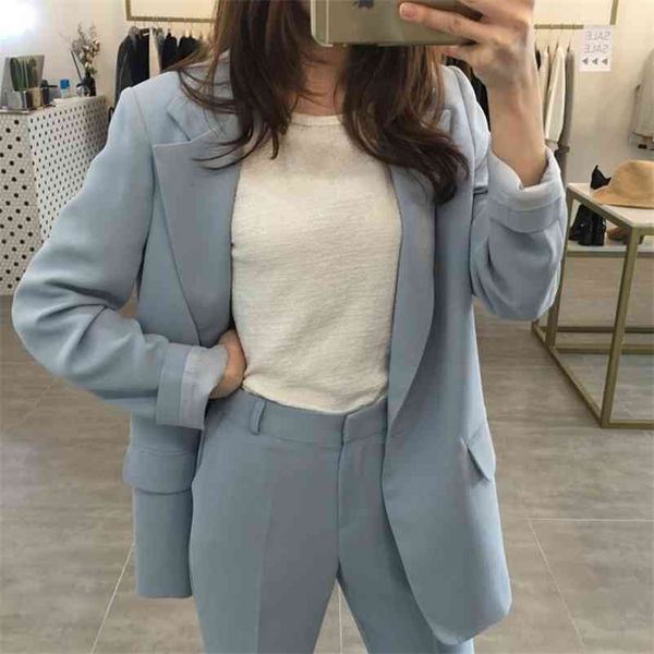 Frauen Single Botton Arbeit Blazer Anzüge OL Hosenanzug Kerbe Blazer Jacken mit Hose Zwei Stücke Set Rot Rosa Grün 210727