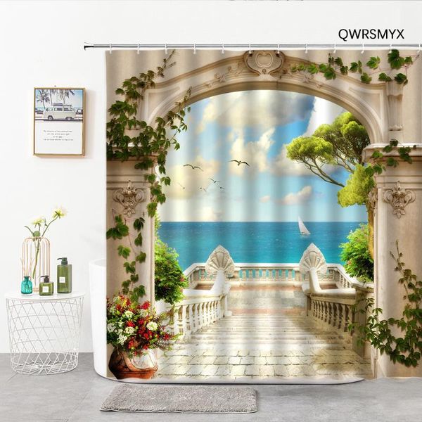 

shower curtains ocean scenery outside the stone pillar arch curtain bathroom living room bedroom decor wall products