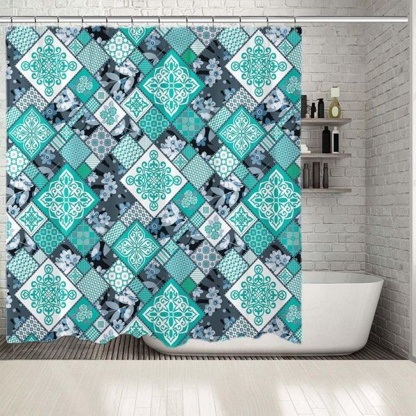 

shower curtains curtain floral ornaments stylized flowers leaves lace patchwork decorative artwork turquoise white