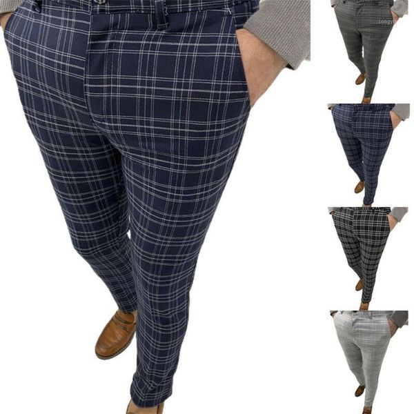 

men's pants fashion plaid multi-stripe casual tight trousers, Black