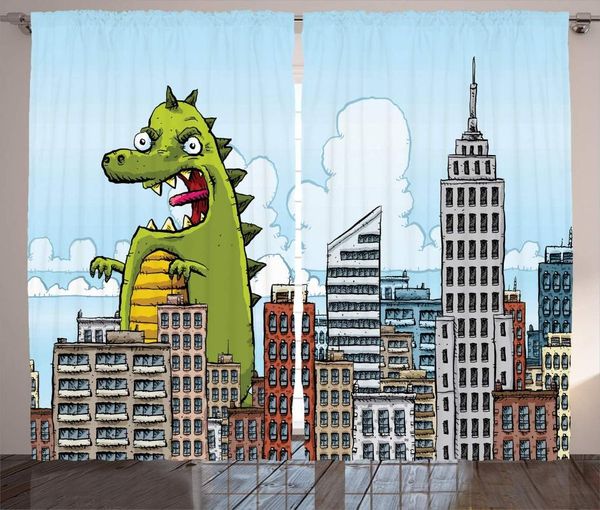 

curtain & drapes jurassic curtains giant cartoon monster invades the city attack skylines downtown science fiction living room window