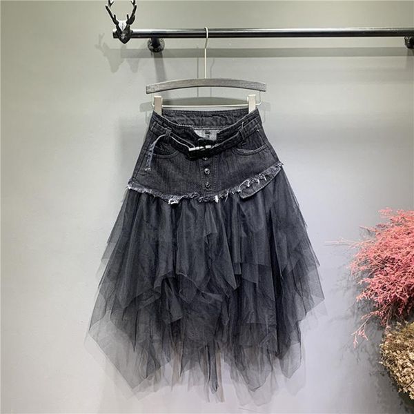 

asymmetrical womens denim skirts plus size mesh patchwork pocket high waist pleated midi skirt streetwear ladies jeans, Black